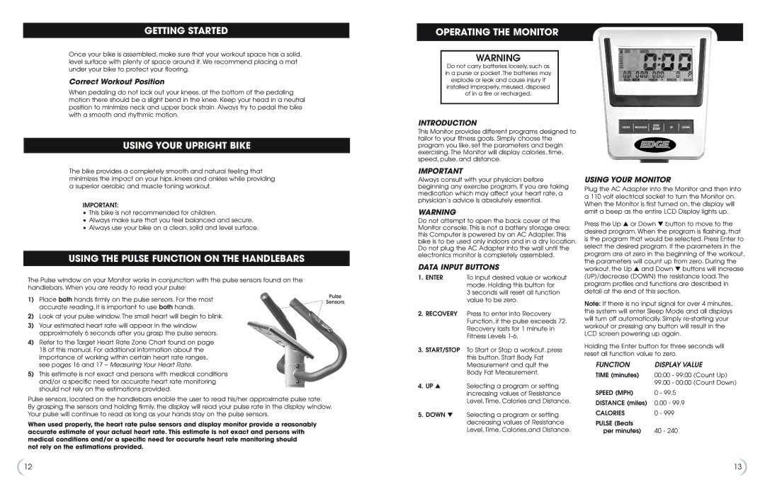 Fitness Quest 482u manual Getting Started, Using Your Upright Bike, Using the Pulse Function on the Handlebars 