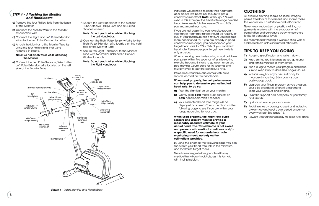 Fitness Quest 482u manual Clothing, Tips to Keep YOU Going, Attaching the Monitor and Handlebars 