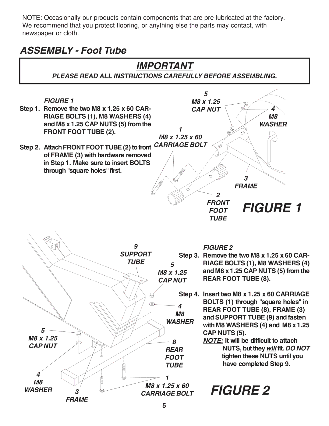 Fitness Quest 491pr manual Assembly Foot Tube, Please Read ALL Instructions Carefully Before Assembling 