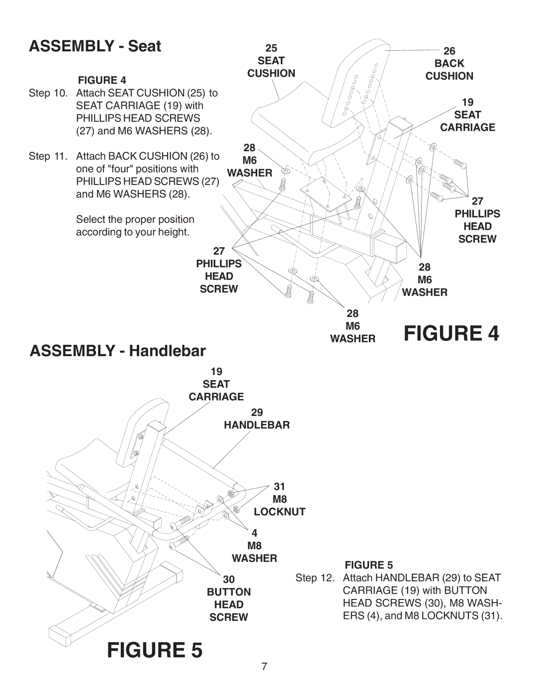 Fitness Quest 491pr manual Assembly Seat, Assembly Handlebar 