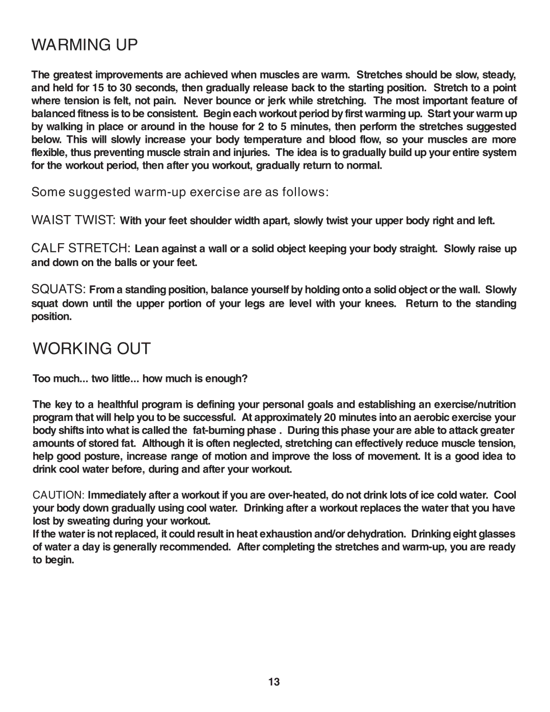 Fitness Quest 491pr manual Warming UP, Working OUT, Some suggested warm-up exercise are as follows 