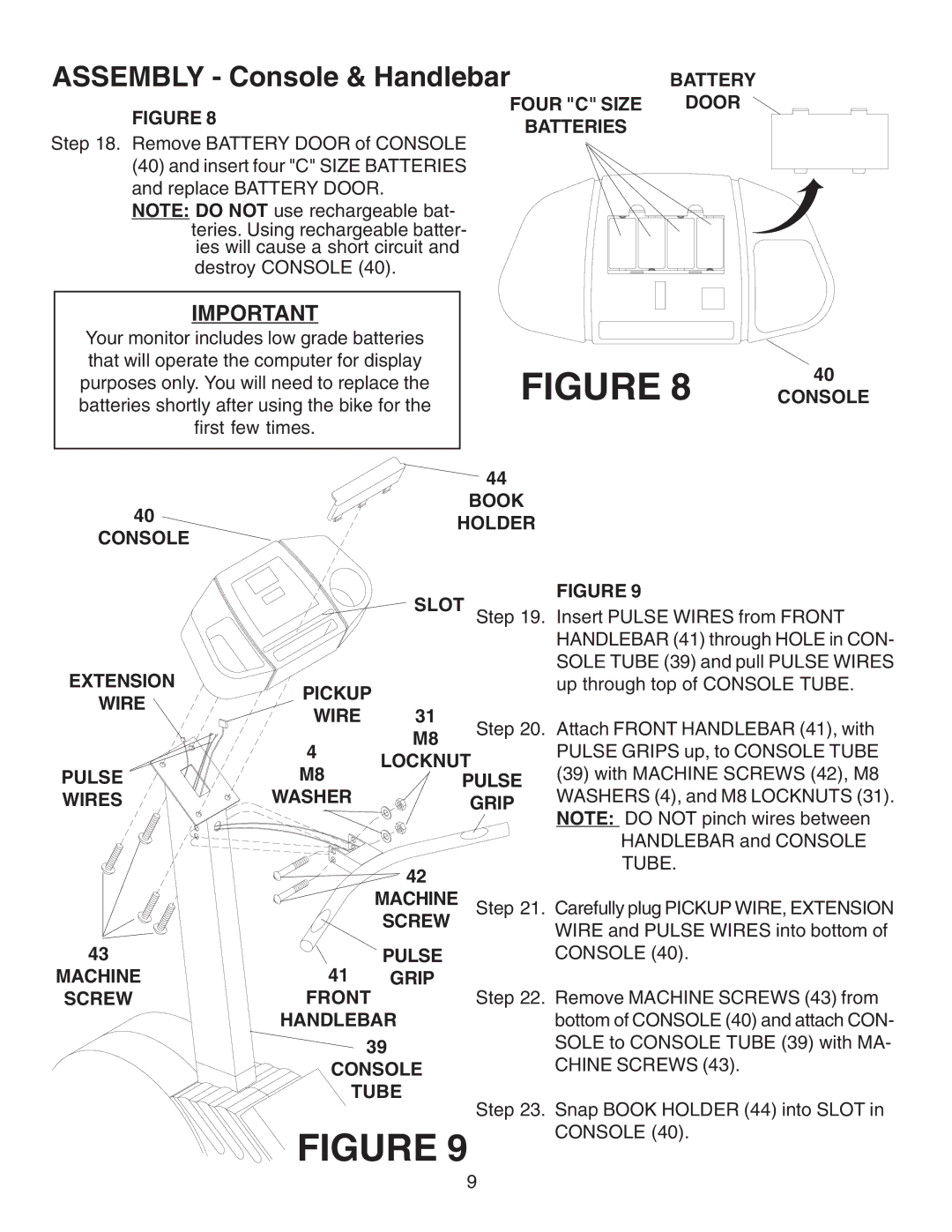 Fitness Quest 491pr manual Assembly Console & Handlebar, Battery 