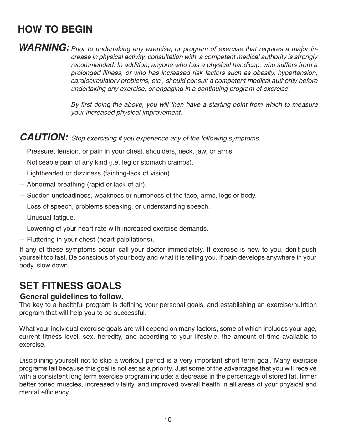 Fitness Quest 491pr manual HOW to Begin, SET Fitness Goals, General guidelines to follow 