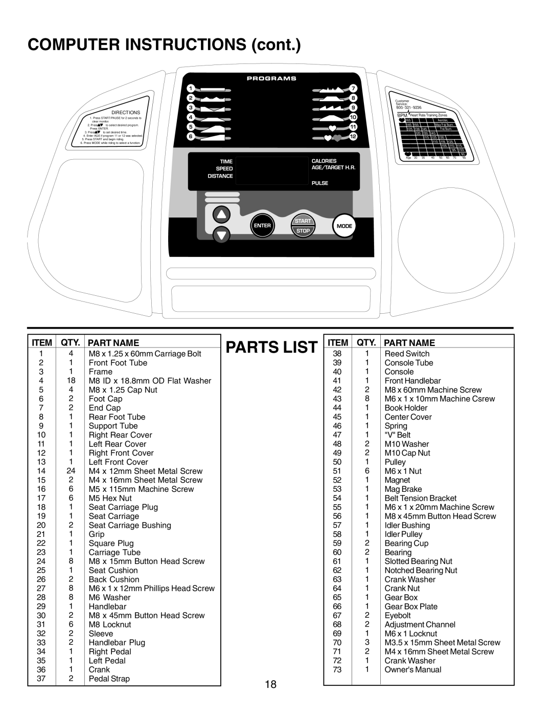 Fitness Quest 491pr manual Computer Instructions, Parts List 