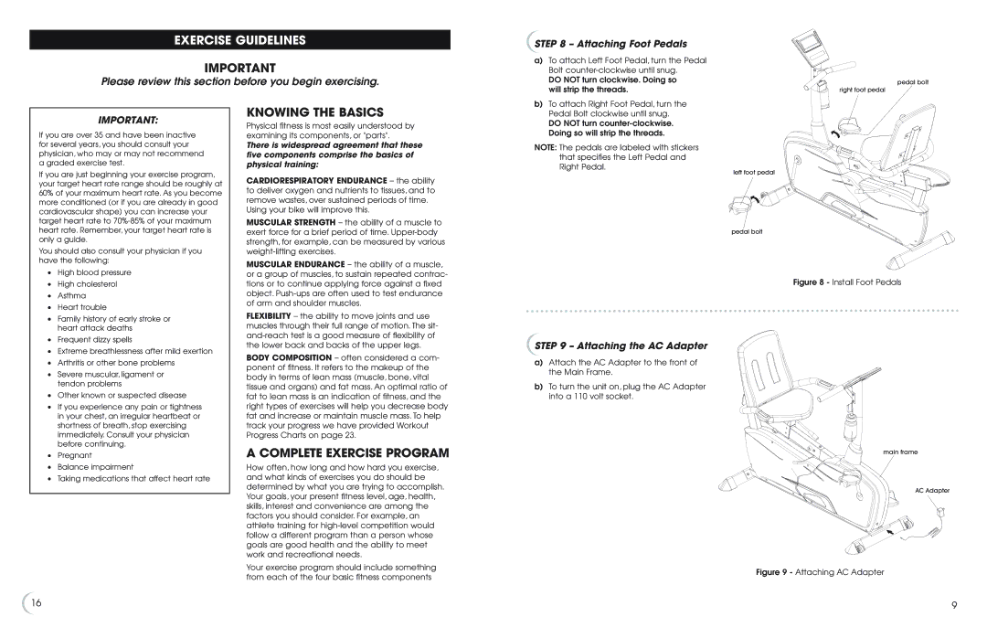 Fitness Quest 595r manual Exercise Guidelines, Knowing the Basics, Complete Exercise Program, Attaching Foot Pedals 