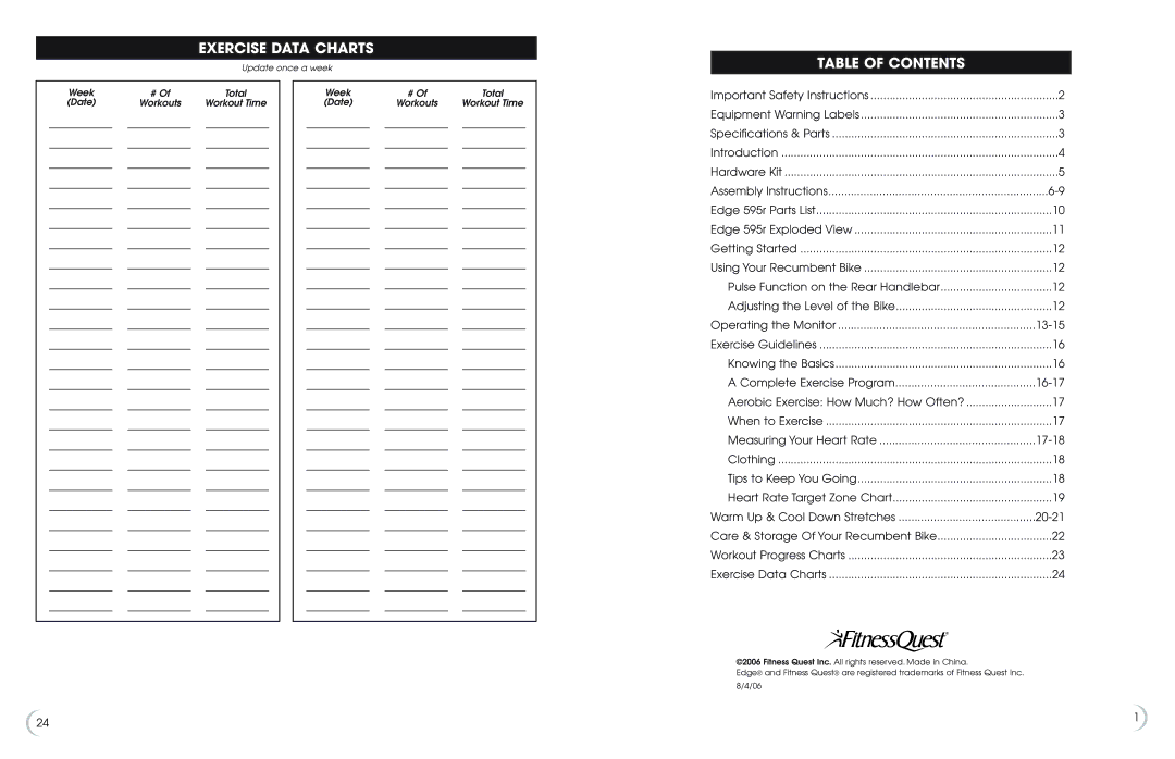 Fitness Quest 595r manual Exercise Data Charts, Table of Contents 