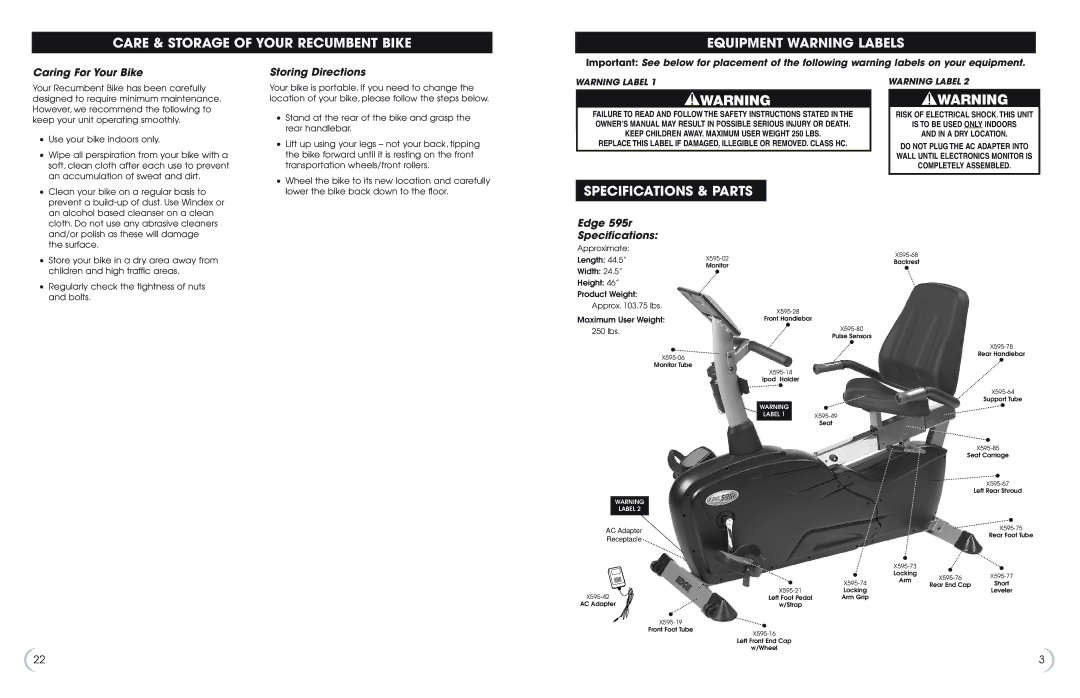 Fitness Quest manual Specifications & Parts, Caring For Your Bike, Storing Directions, Edge 595r Specifications 