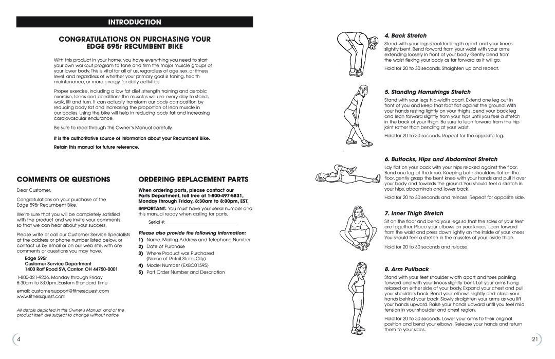 Fitness Quest 595r Introduction, Congratulations on Purchasing Your, Comments or Questions, Ordering Replacement Parts 