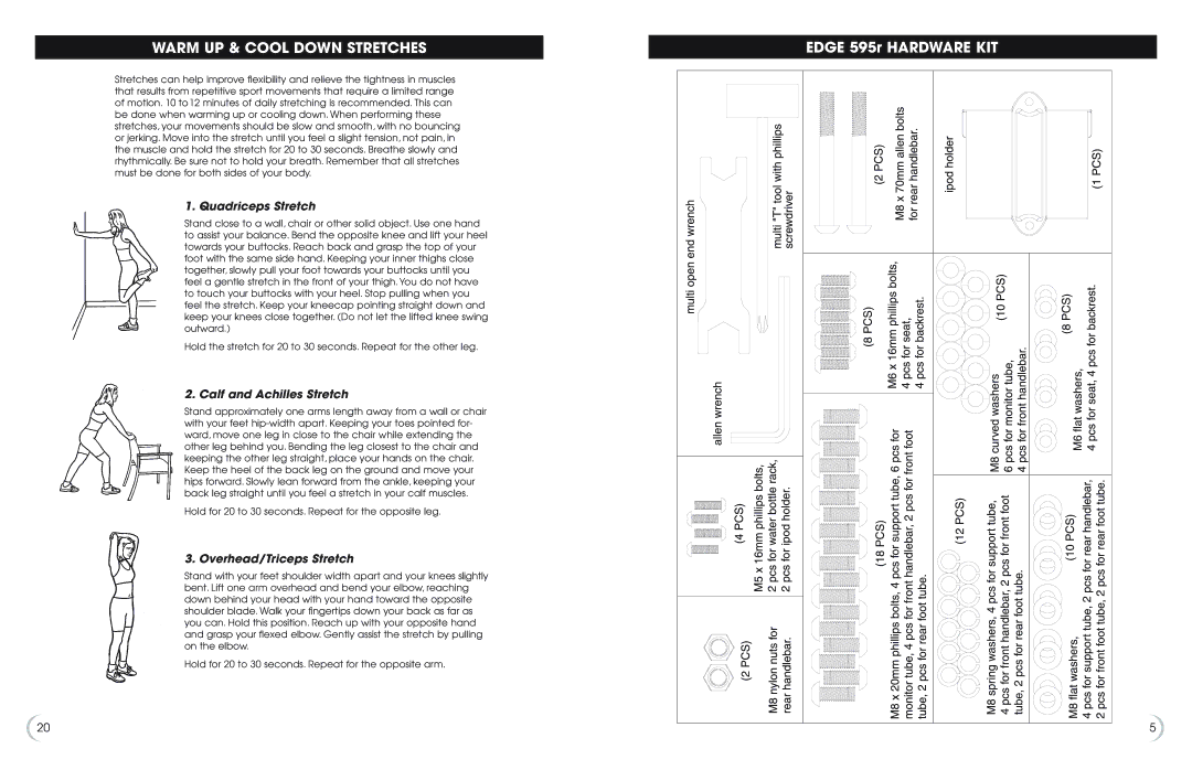 Fitness Quest 595r Warm UP & Cool Down Stretches, Quadriceps Stretch, Calf and Achilles Stretch, Overhead/Triceps Stretch 