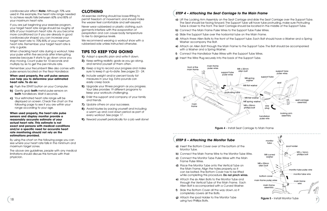 Fitness Quest 595r manual Clothing, Tips to Keep YOU Going, Attaching the Seat Carriage to the Main Frame 