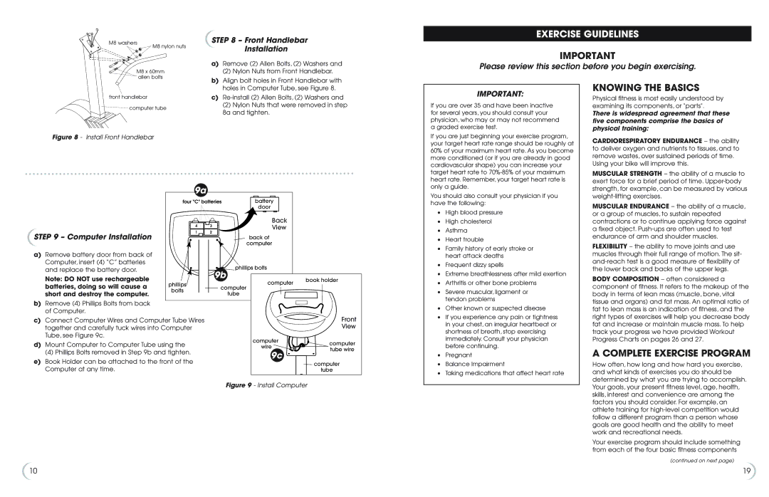 Fitness Quest 5K 6100 Exercise Guidelines, Knowing the Basics, Complete Exercise Program, Front Handlebar Installation 