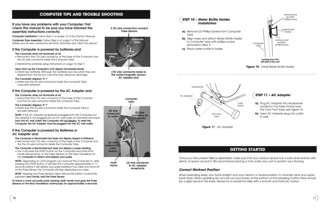 Fitness Quest 5K 6100 manual Computer Tips and Trouble Shooting, Getting Started, Water Bottle Holder, AC Adapter 