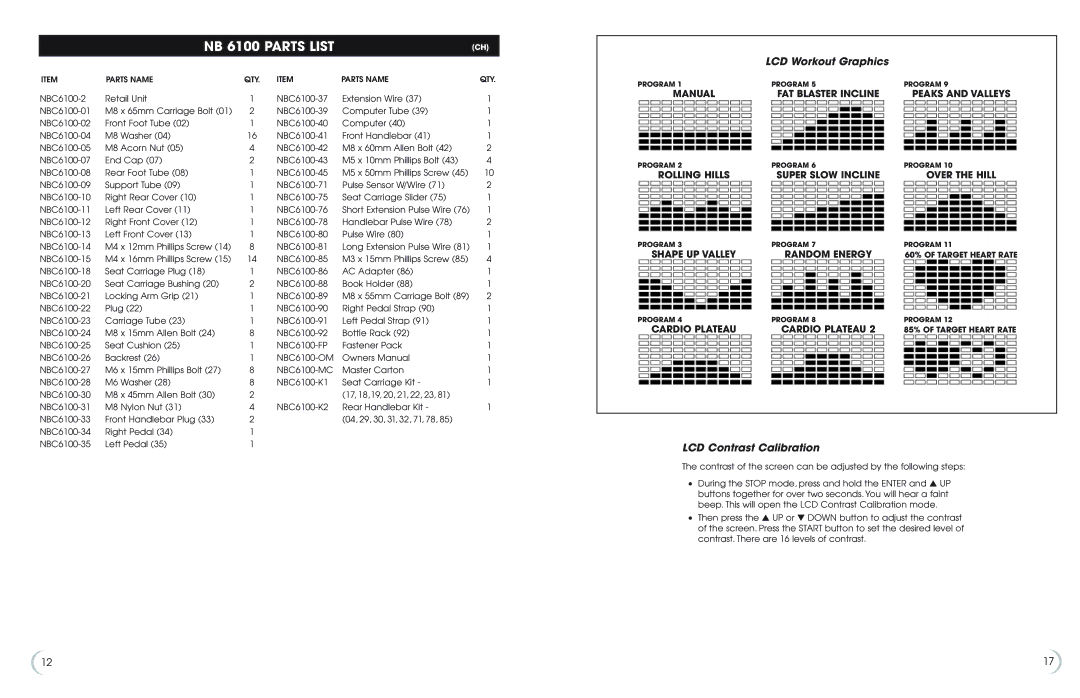 Fitness Quest 5K 6100 manual NB 6100 Parts List, LCD Workout Graphics, LCD Contrast Calibration 