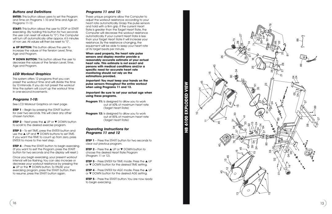 Fitness Quest 5K 6100 manual NB 6100 Exploded View, Buttons and Definitions, Programs 11 