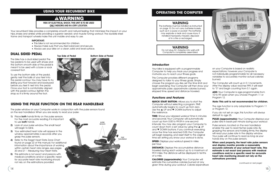 Fitness Quest 5K 6100 manual Using Your Recumbent Bike, Dual Sided Pedal, Operating the Computer 