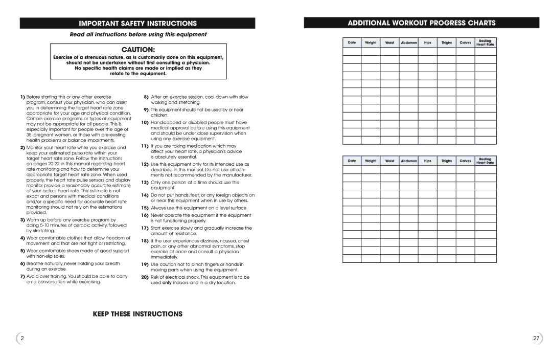 Fitness Quest 5K 6100 manual Important Safety Instructions, Additional Workout Progress Charts, Keep These Instructions 