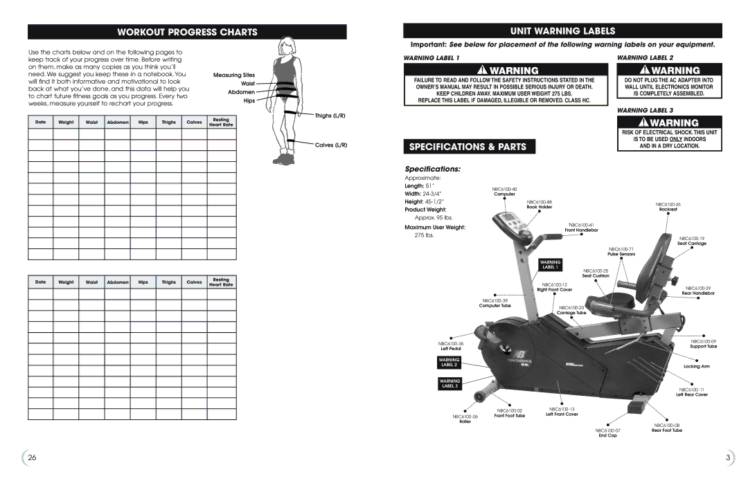 Fitness Quest 5K 6100 manual Workout Progress Charts Unit Warning Labels, Specifications & Parts 