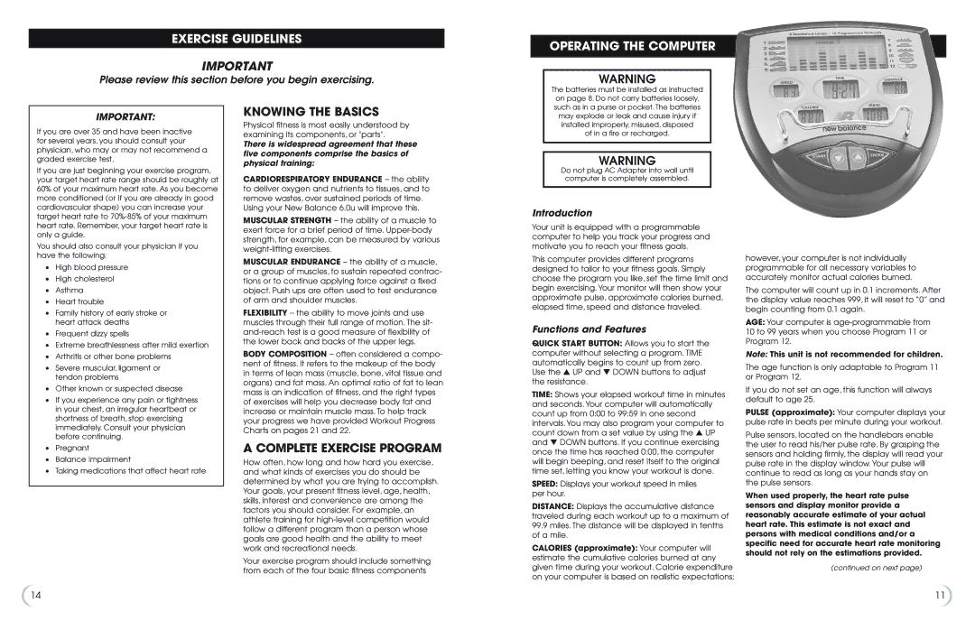 Fitness Quest 6.0u manual Exercise Guidelines, Operating the Computer, Knowing the Basics, Complete Exercise Program 