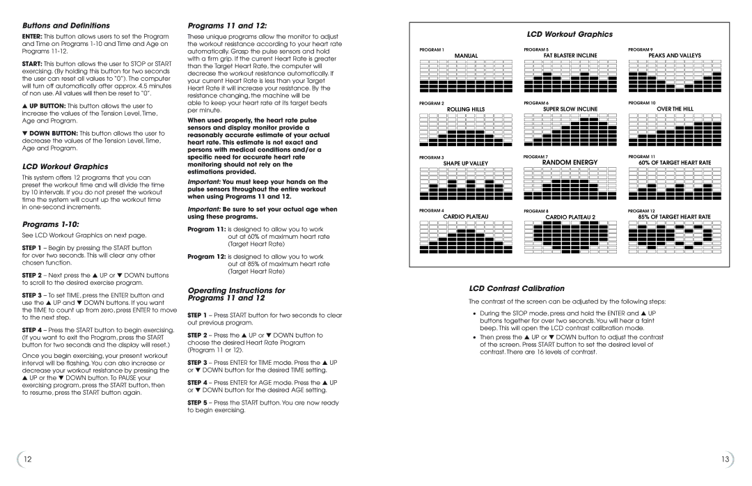 Fitness Quest 6.0u manual Buttons and Definitions, LCD Workout Graphics, Operating Instructions for Programs 11 