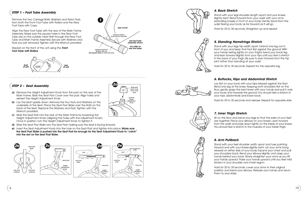 Fitness Quest 6.0u manual Foot Tube Assembly, Back Stretch, Standing Hamstrings Stretch, Inner Thigh Stretch, Arm Pullback 