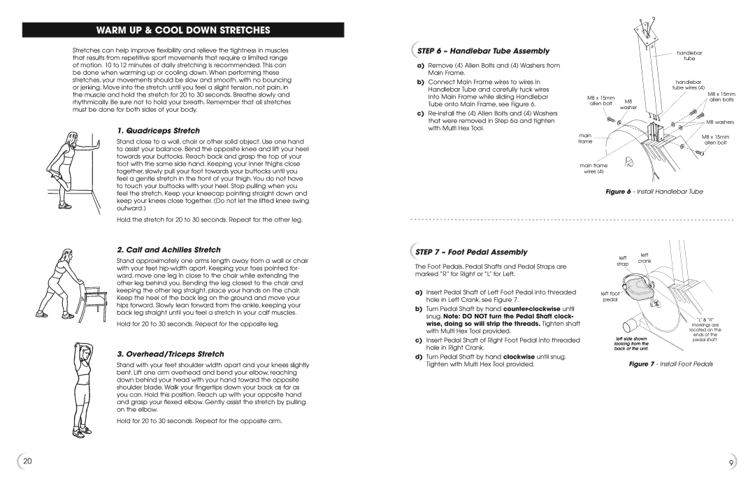 Fitness Quest 6.5r Warm UP & Cool Down Stretches, Quadriceps Stretch, Handlebar Tube Assembly, Overhead/Triceps Stretch 