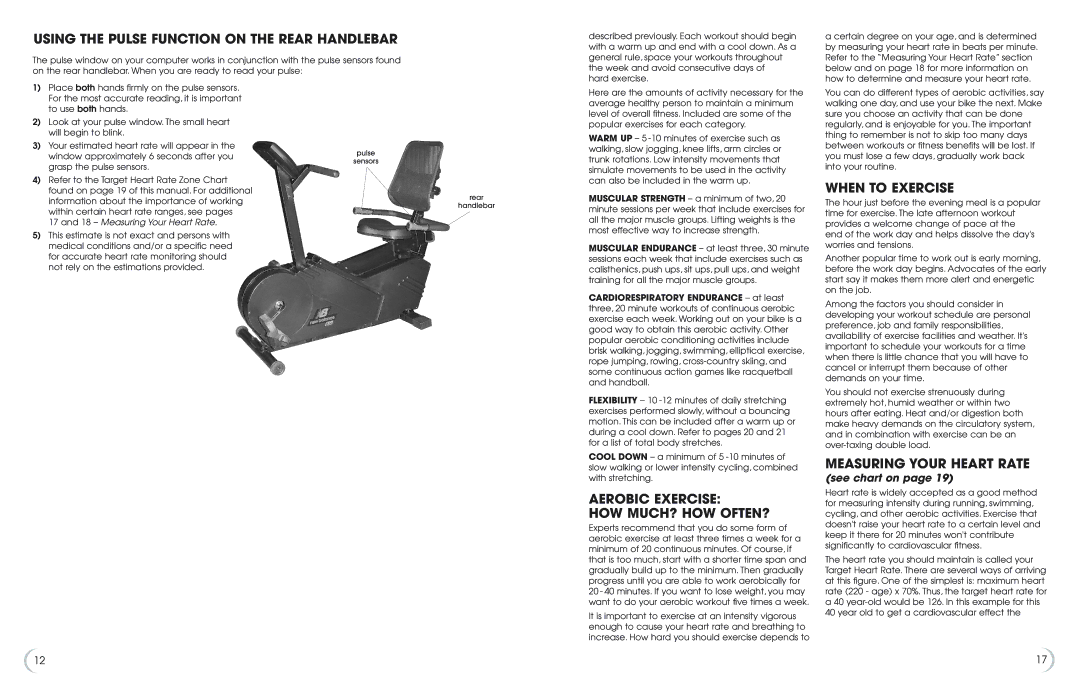 Fitness Quest 6.5r Using the Pulse Function on the Rear Handlebar, Aerobic Exercise HOW MUCH? HOW OFTEN?, When to Exercise 