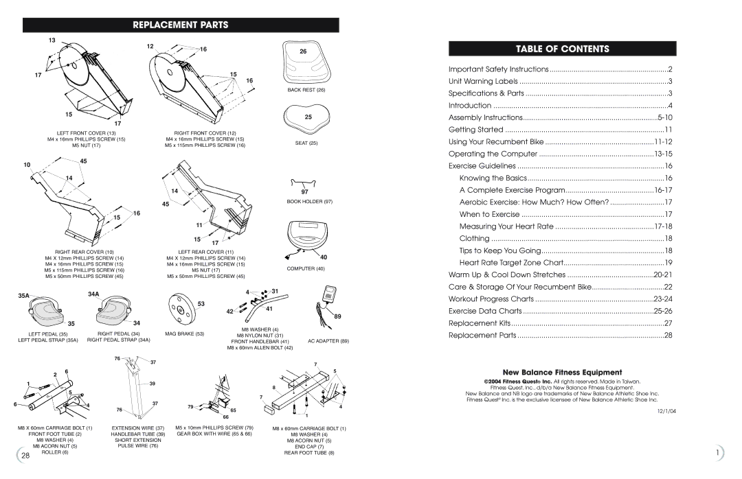 Fitness Quest 6.5r manual Replacement Parts, Table of Contents 