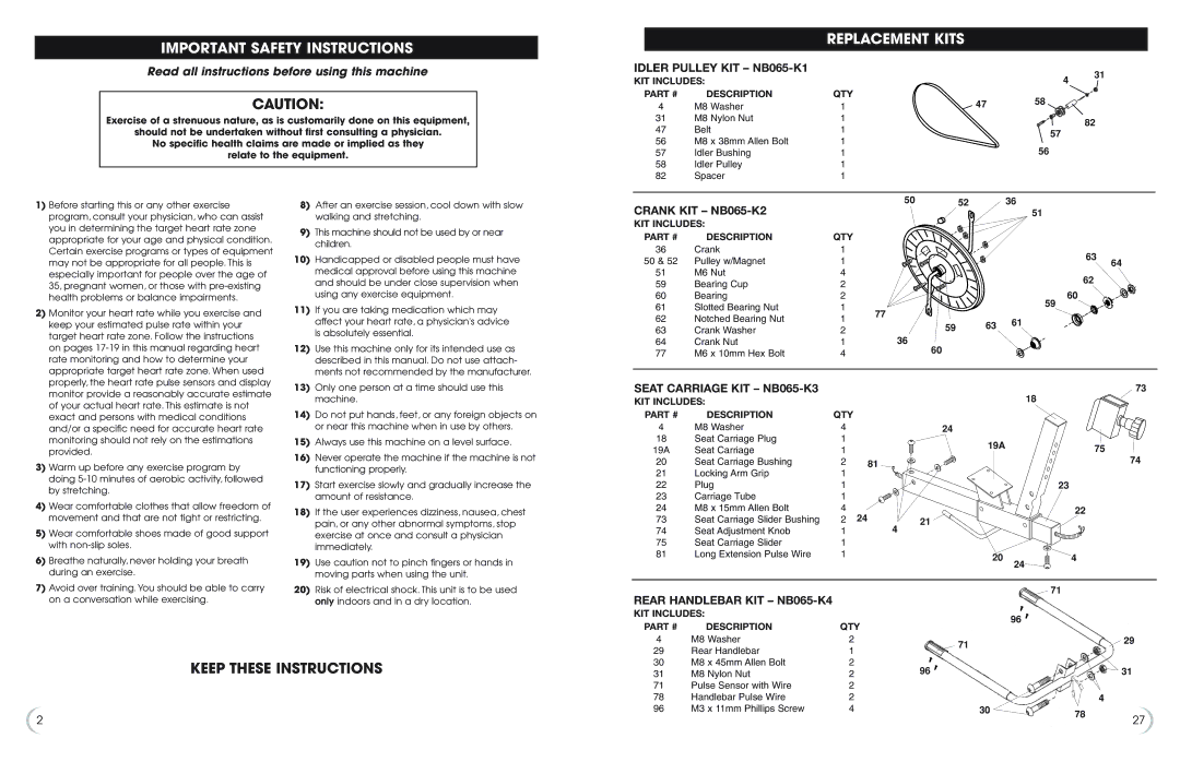 Fitness Quest 6.5r Important Safety Instructions, Keep These Instructions, Read all instructions before using this machine 