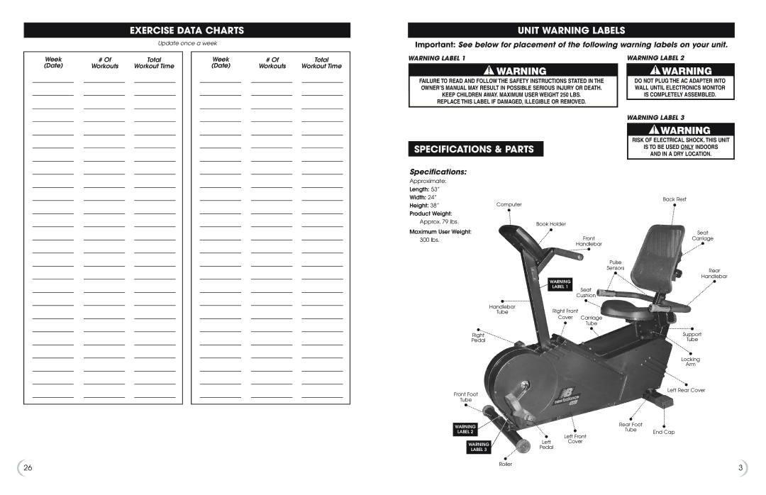 Fitness Quest 6.5r manual Exercise Data Charts, Unit Warning Labels, Specifications & Parts 