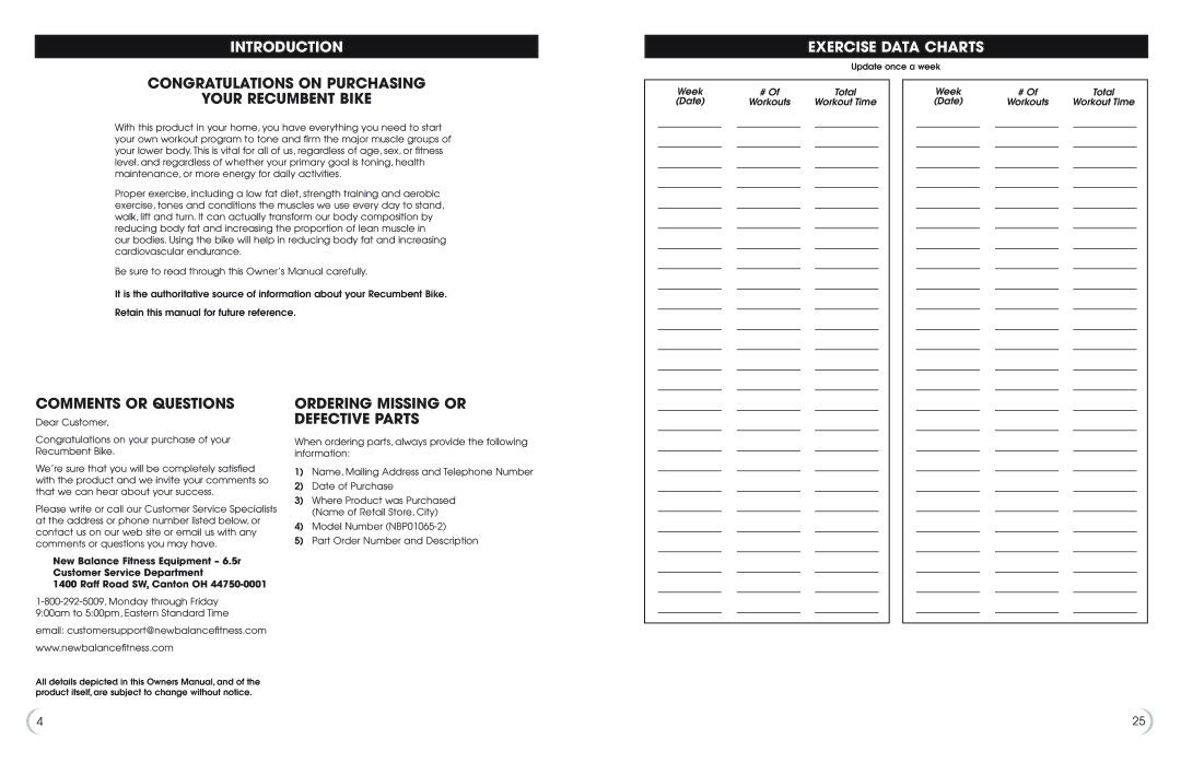 Fitness Quest 6.5r manual Introduction Exercise Data Charts, Congratulations on Purchasing Your Recumbent Bike 