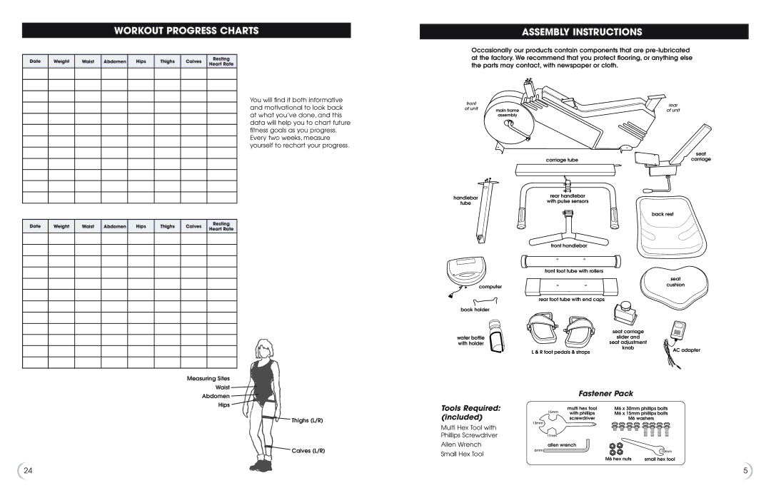 Fitness Quest 6.5r manual Workout Progress Charts, Assembly Instructions, Fastener Pack Tools Required, Included 