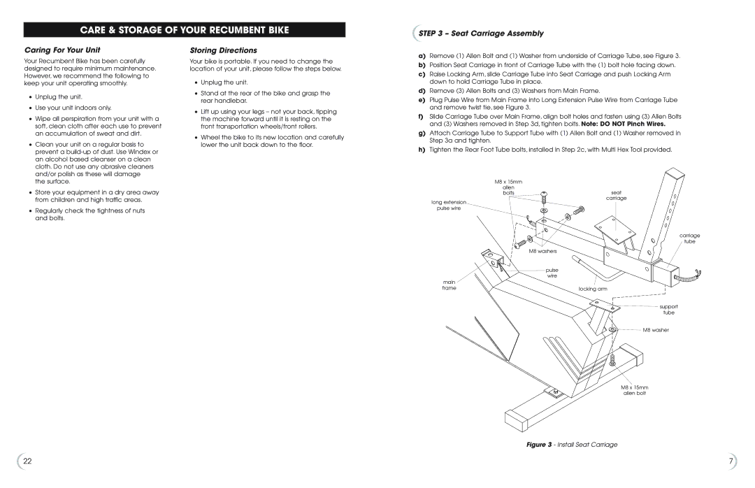 Fitness Quest 6.5r Care & Storage of Your Recumbent Bike, Seat Carriage Assembly Caring For Your Unit, Storing Directions 