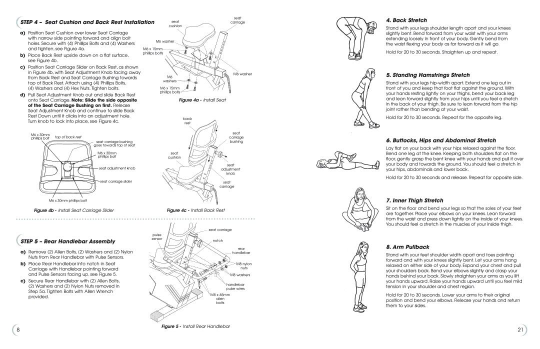 Fitness Quest 6.5r Seat Cushion and Back Rest Installation, Back Stretch, Standing Hamstrings Stretch, Inner Thigh Stretch 