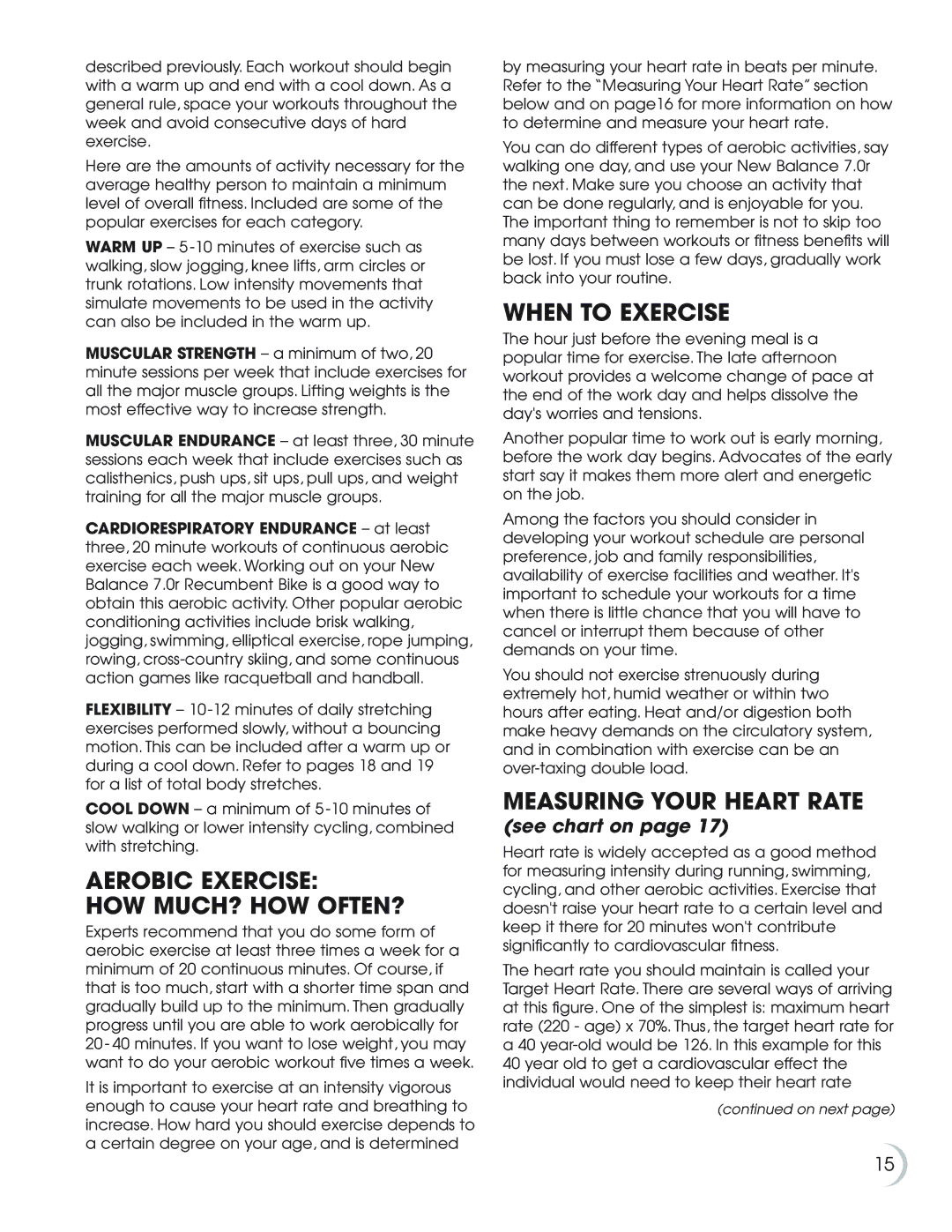 Fitness Quest 7.0r manual Aerobic Exercise HOW MUCH? HOW OFTEN?, When to Exercise, Measuring Your Heart Rate, See chart on 