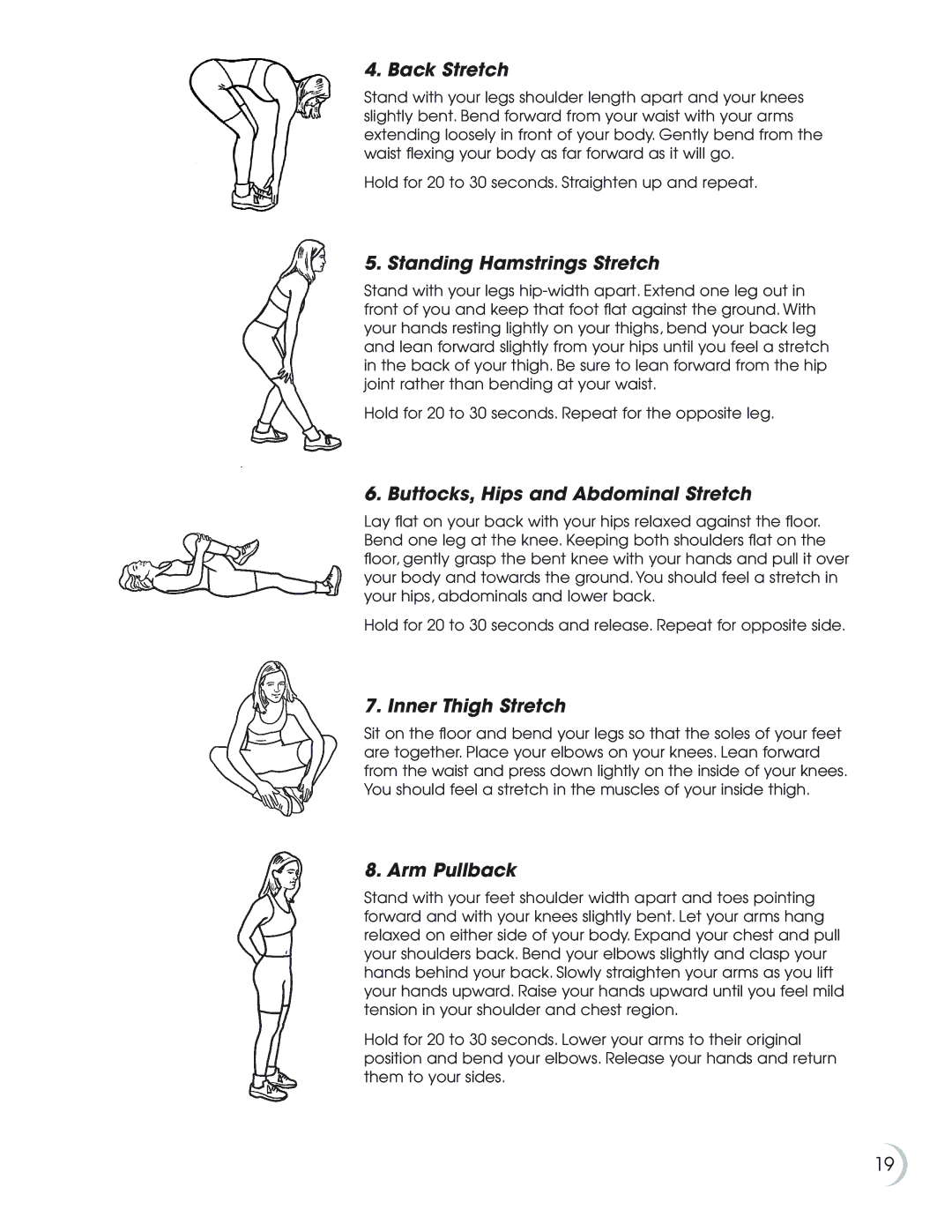 Fitness Quest 7.0r Back Stretch, Standing Hamstrings Stretch, Buttocks, Hips and Abdominal Stretch, Inner Thigh Stretch 