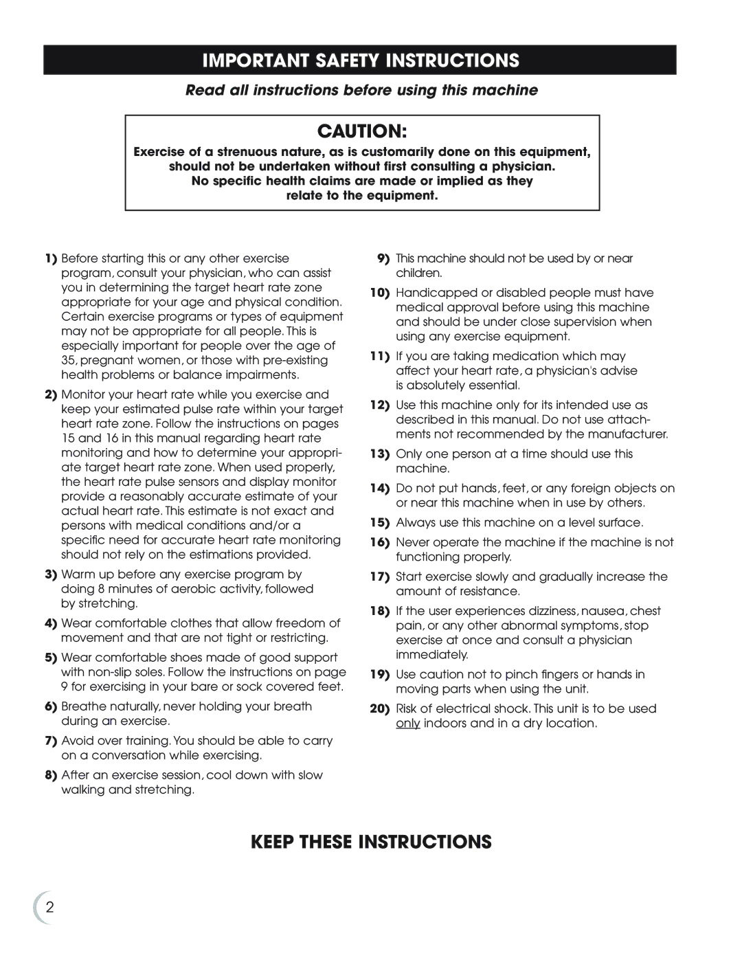 Fitness Quest 7.0r Important Safety Instructions, Keep These Instructions, Read all instructions before using this machine 