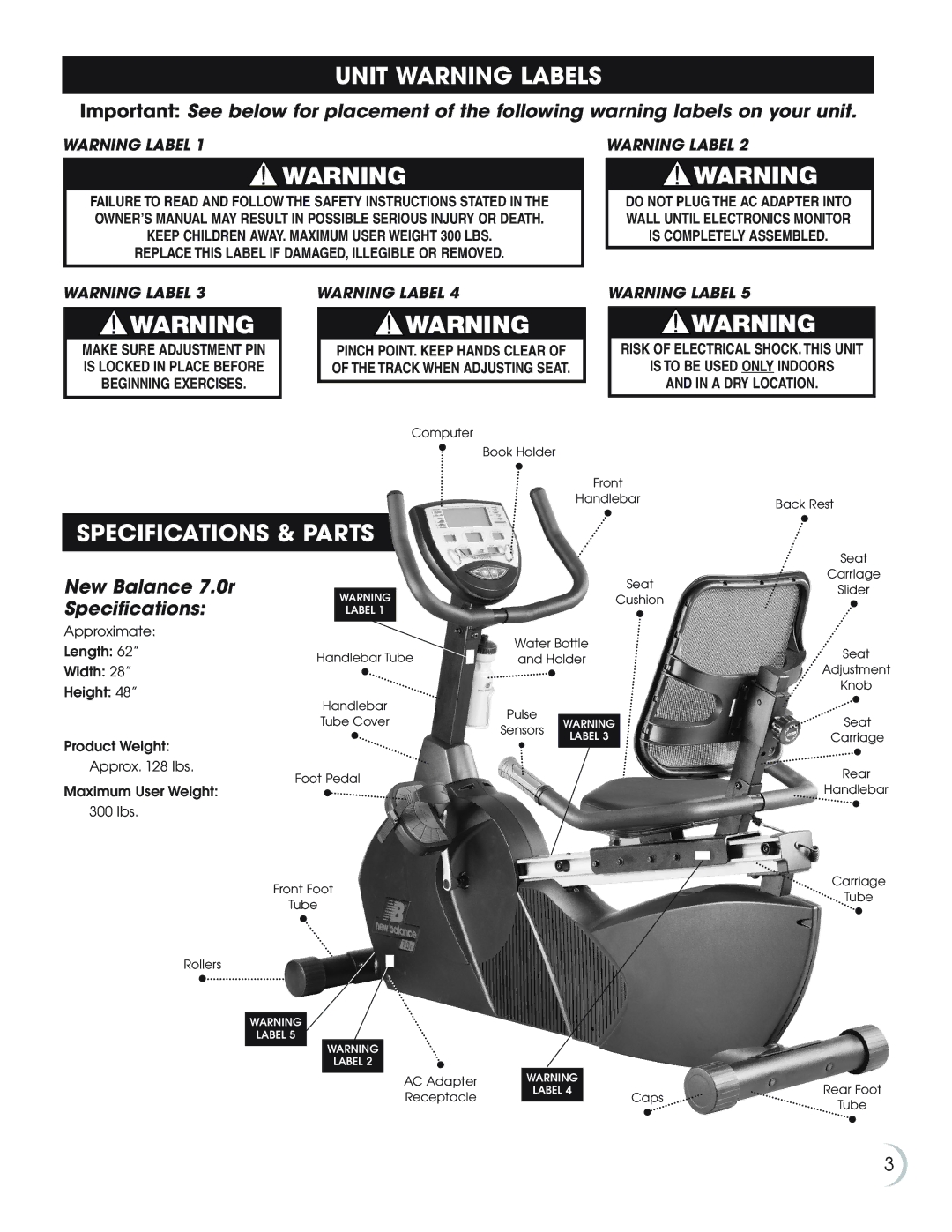 Fitness Quest manual Unit Warning Labels, Specifications & Parts, New Balance 7.0r Specifications 