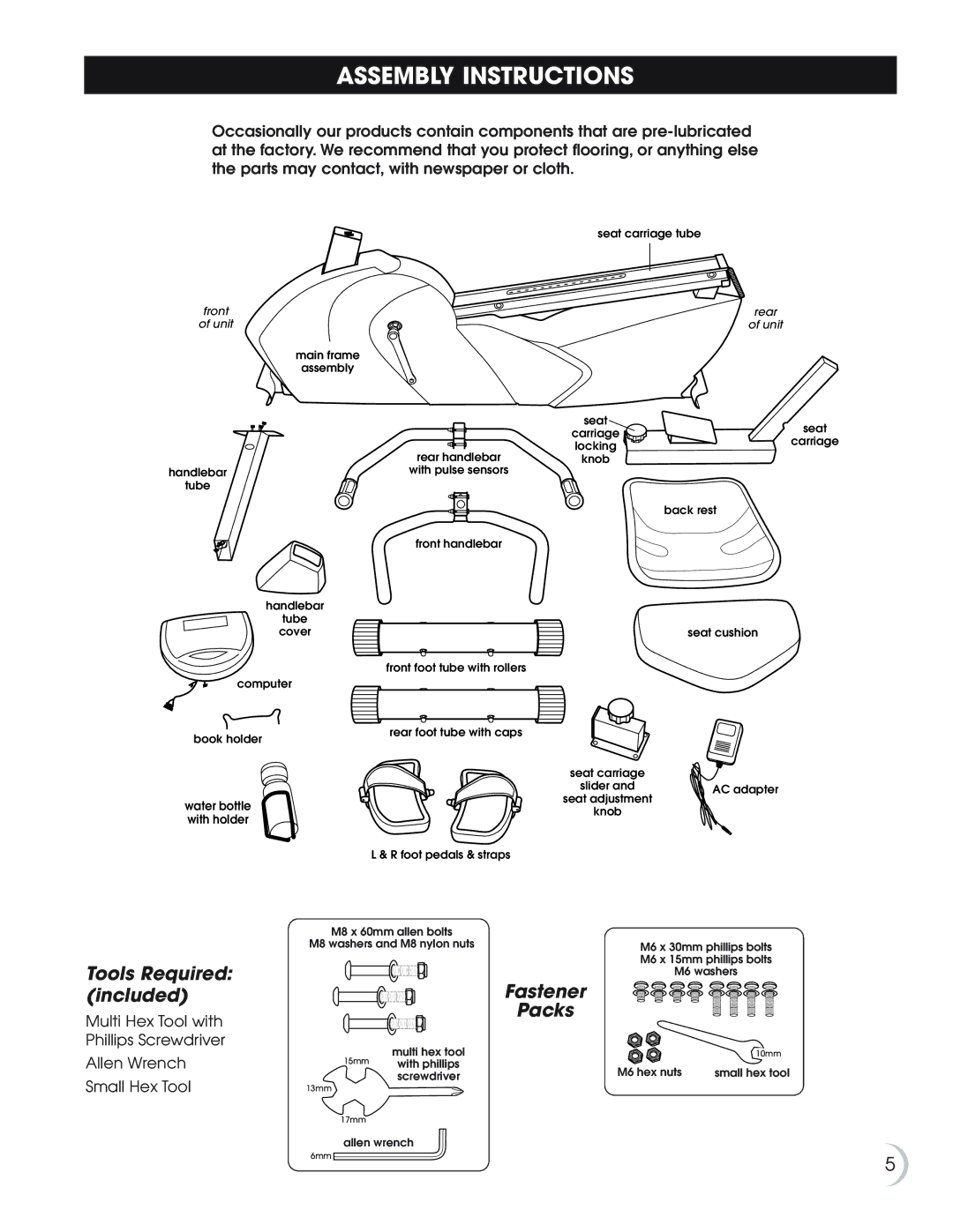 Fitness Quest 7.0r manual Assembly Instructions, Tools Required included, Fastener Packs 