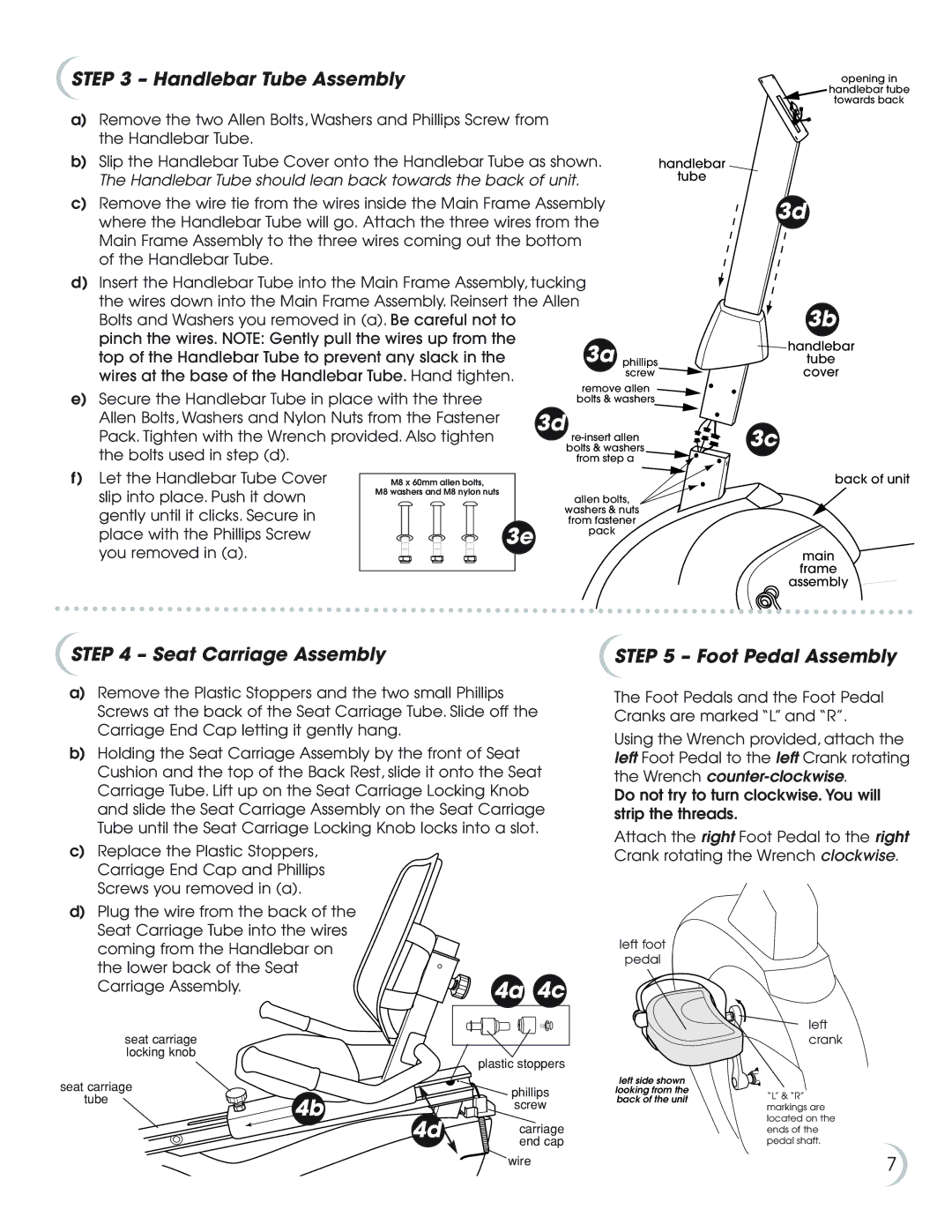 Fitness Quest 7.0r manual Handlebar Tube Assembly, Seat Carriage Assembly, Foot Pedal Assembly 