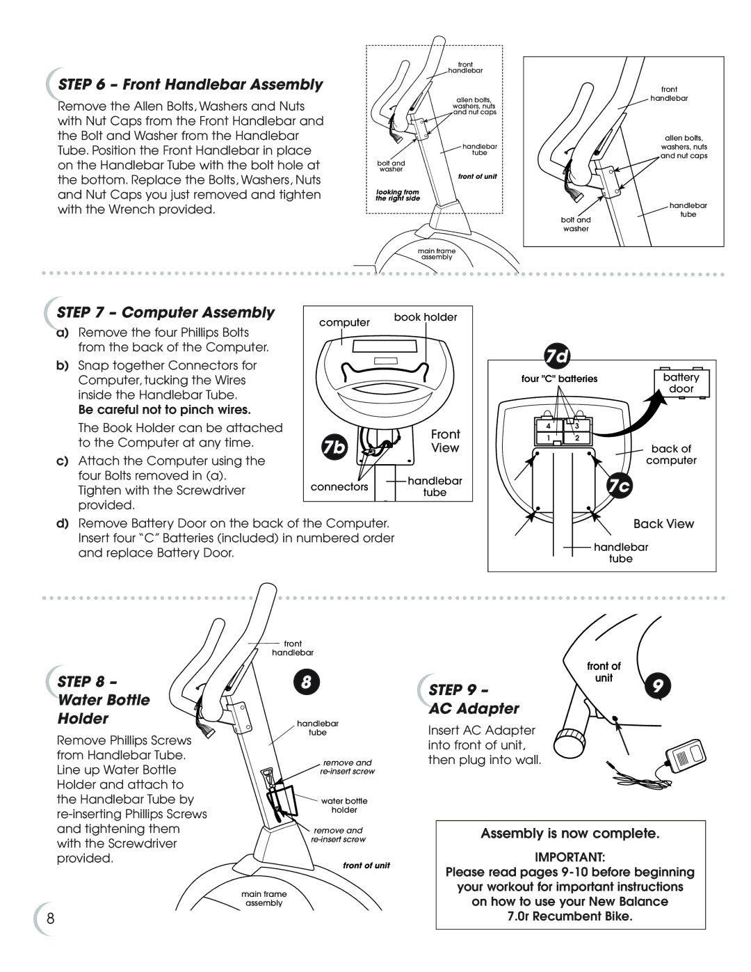 Fitness Quest 7.0r manual Front Handlebar Assembly, Computer Assembly, Step Water Bottle Holder, AC Adapter 