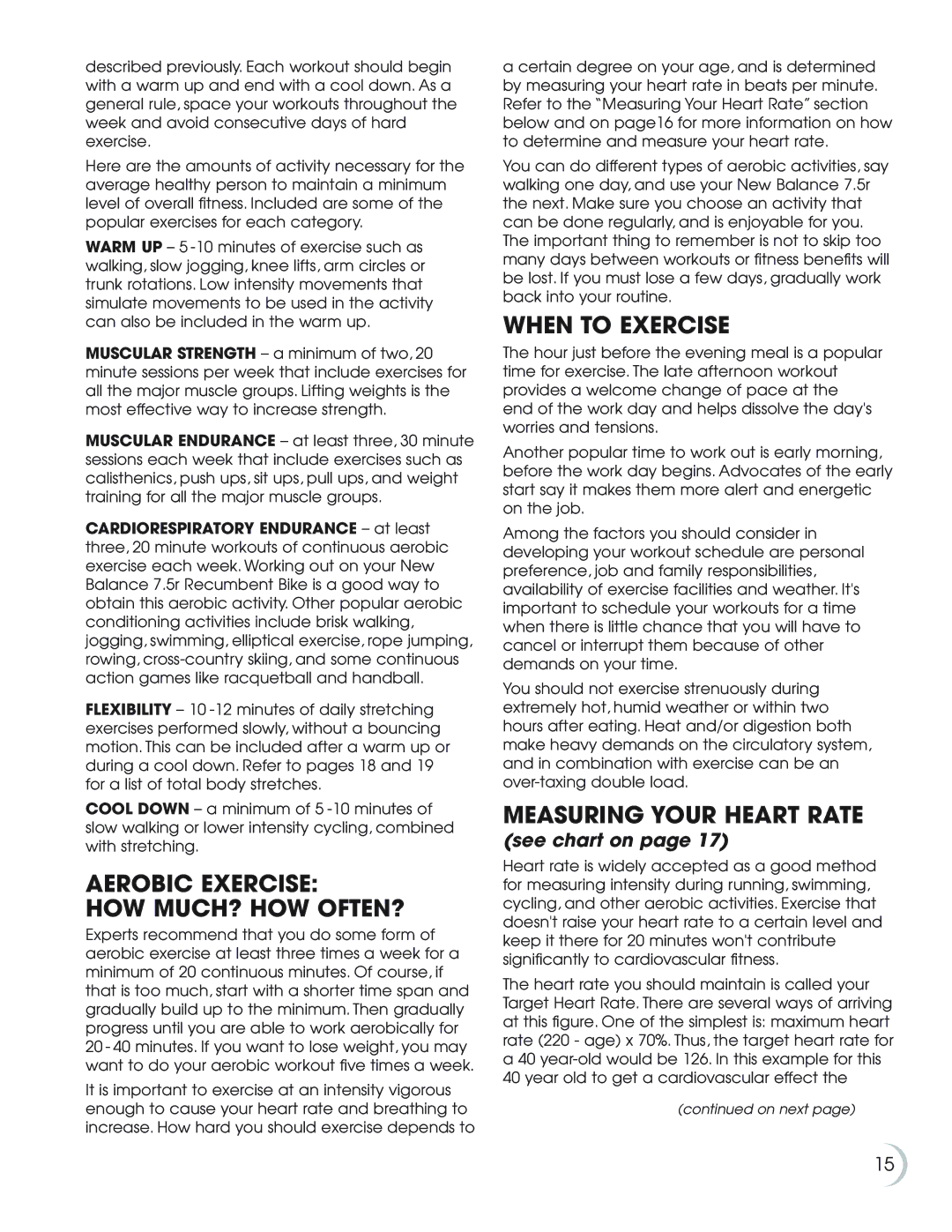 Fitness Quest 7.5r manual Aerobic Exercise HOW MUCH? HOW OFTEN?, When to Exercise, Measuring Your Heart Rate, See chart on 