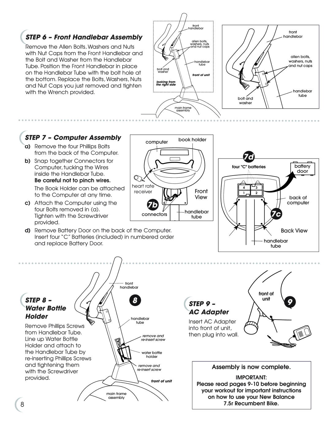 Fitness Quest 7.5r manual Front Handlebar Assembly, Computer Assembly, Step Water Bottle Holder, AC Adapter 