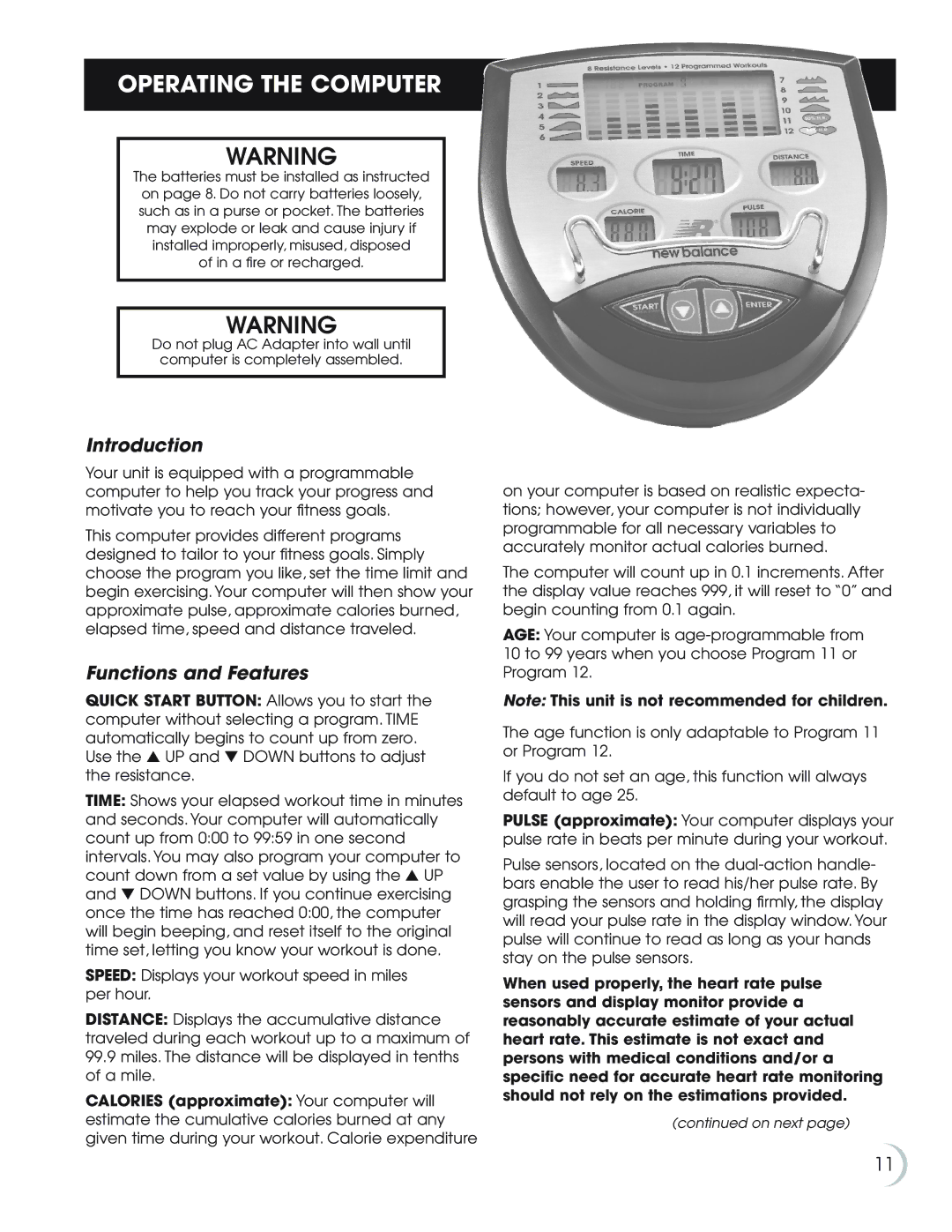 Fitness Quest 8.0e manual Operating the Computer, Introduction, Functions and Features 