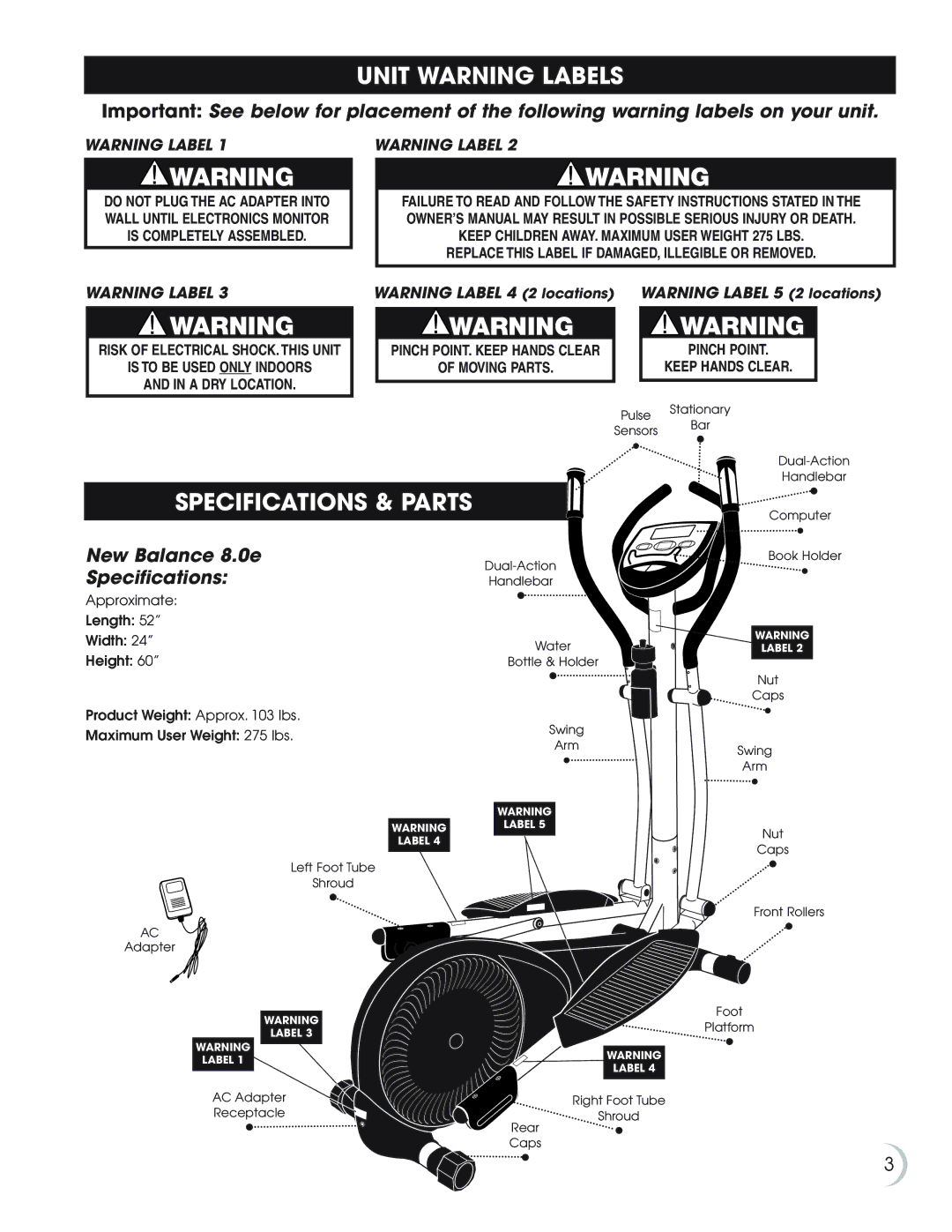 Fitness Quest manual Unit Warning Labels, Specifications & Parts, New Balance 8.0e Specifications 