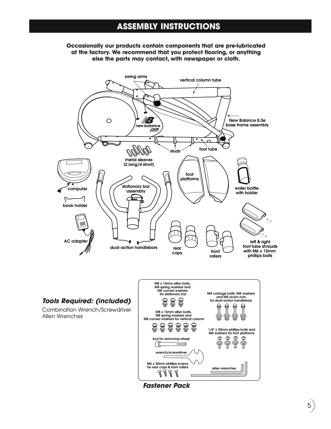 Fitness Quest 8.0e manual Assembly Instructions, Tools Required included, Fastener Pack 