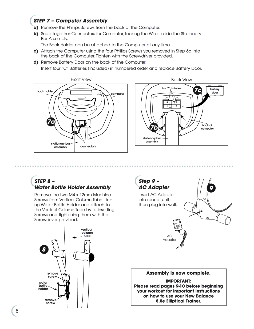 Fitness Quest 8.0e manual Computer Assembly, Step Water Bottle Holder Assembly, Step AC Adapter 