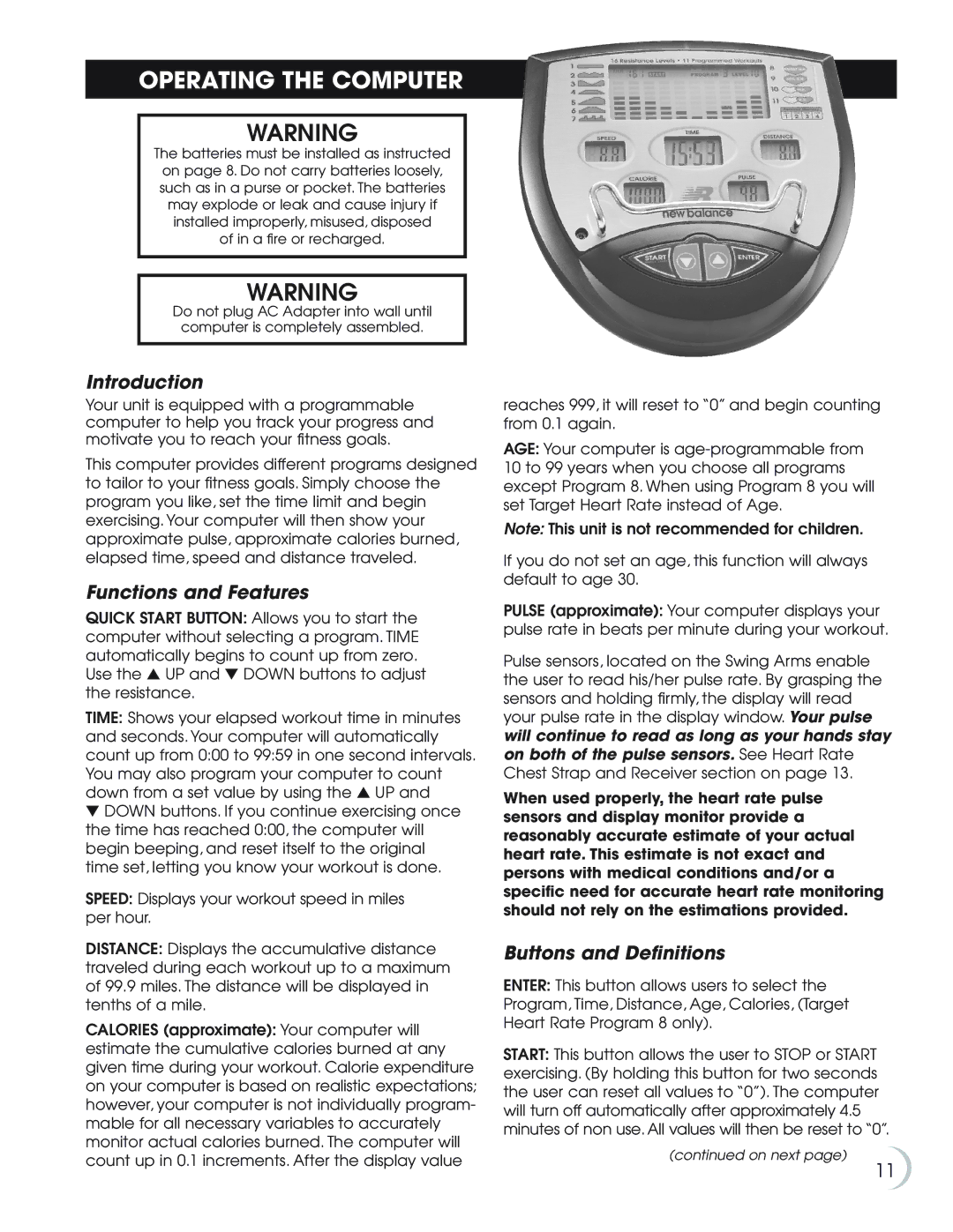 Fitness Quest 9.5e manual Operating the Computer, Introduction, Functions and Features, Buttons and Definitions 