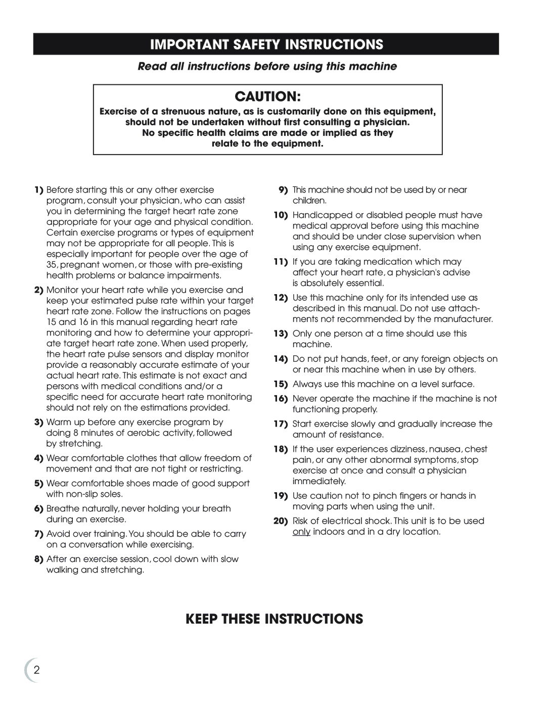 Fitness Quest 9.5e Important Safety Instructions, Keep These Instructions, Read all instructions before using this machine 