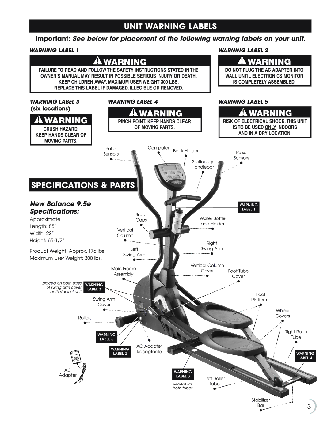 Fitness Quest manual Unit Warning Labels, Specifications & Parts, New Balance 9.5e Specifications 