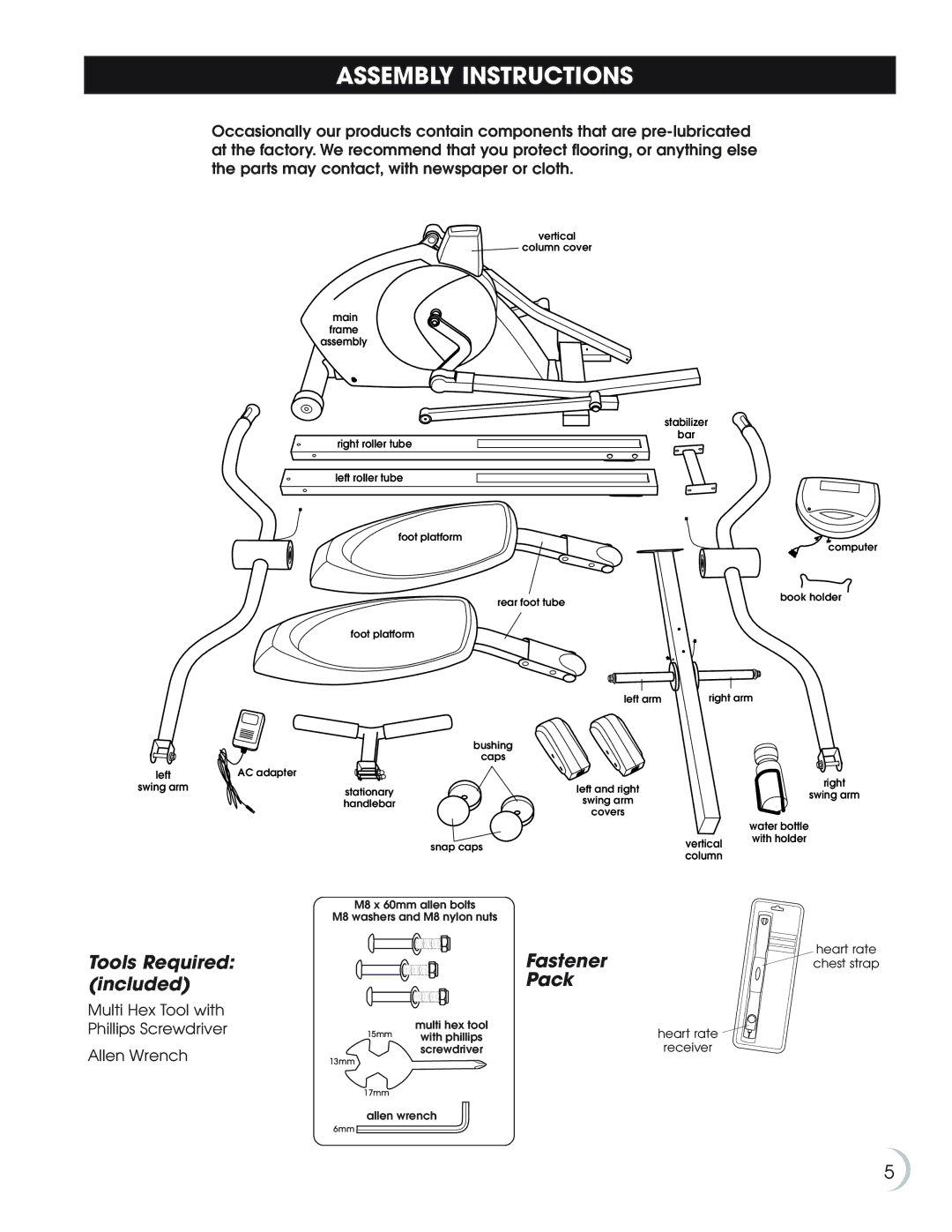 Fitness Quest 9.5e manual Assembly Instructions, Tools Required included, Pack 